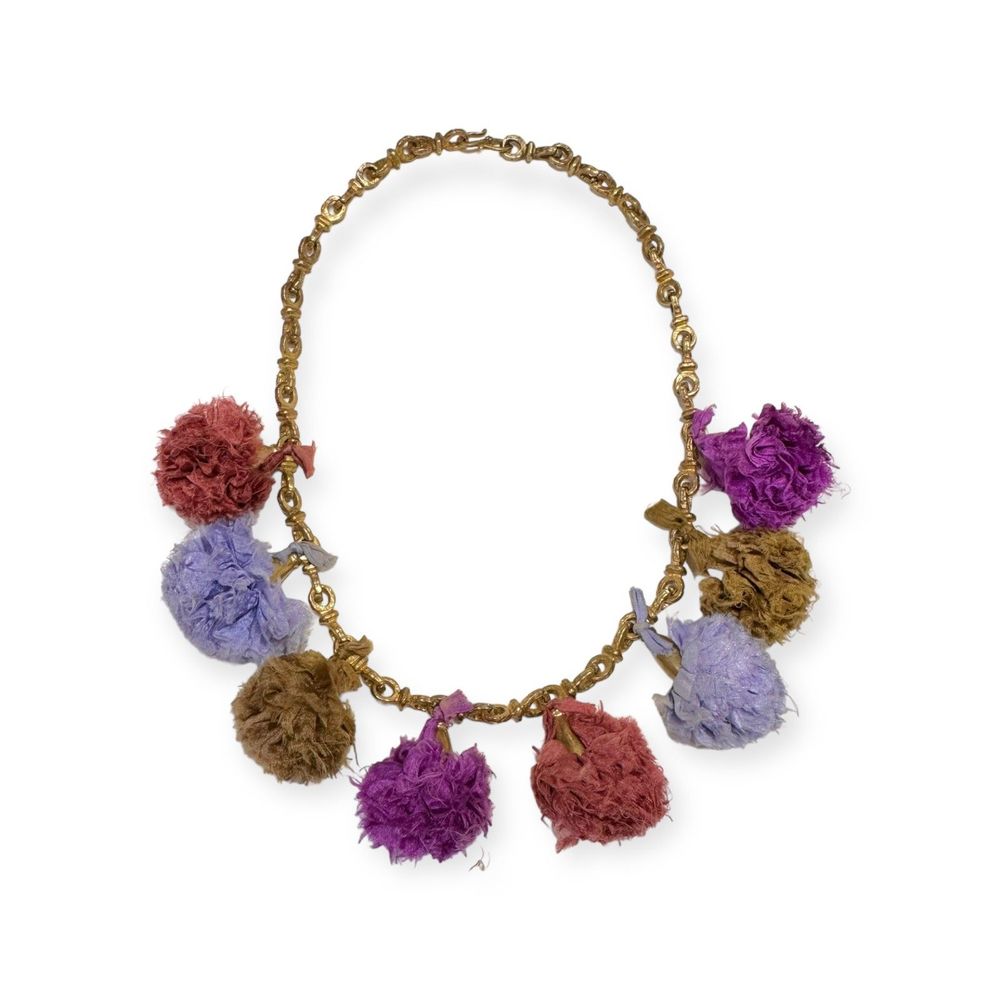 Vintage Sari Silk Multi Color Pom Pom Gold Chain Necklace